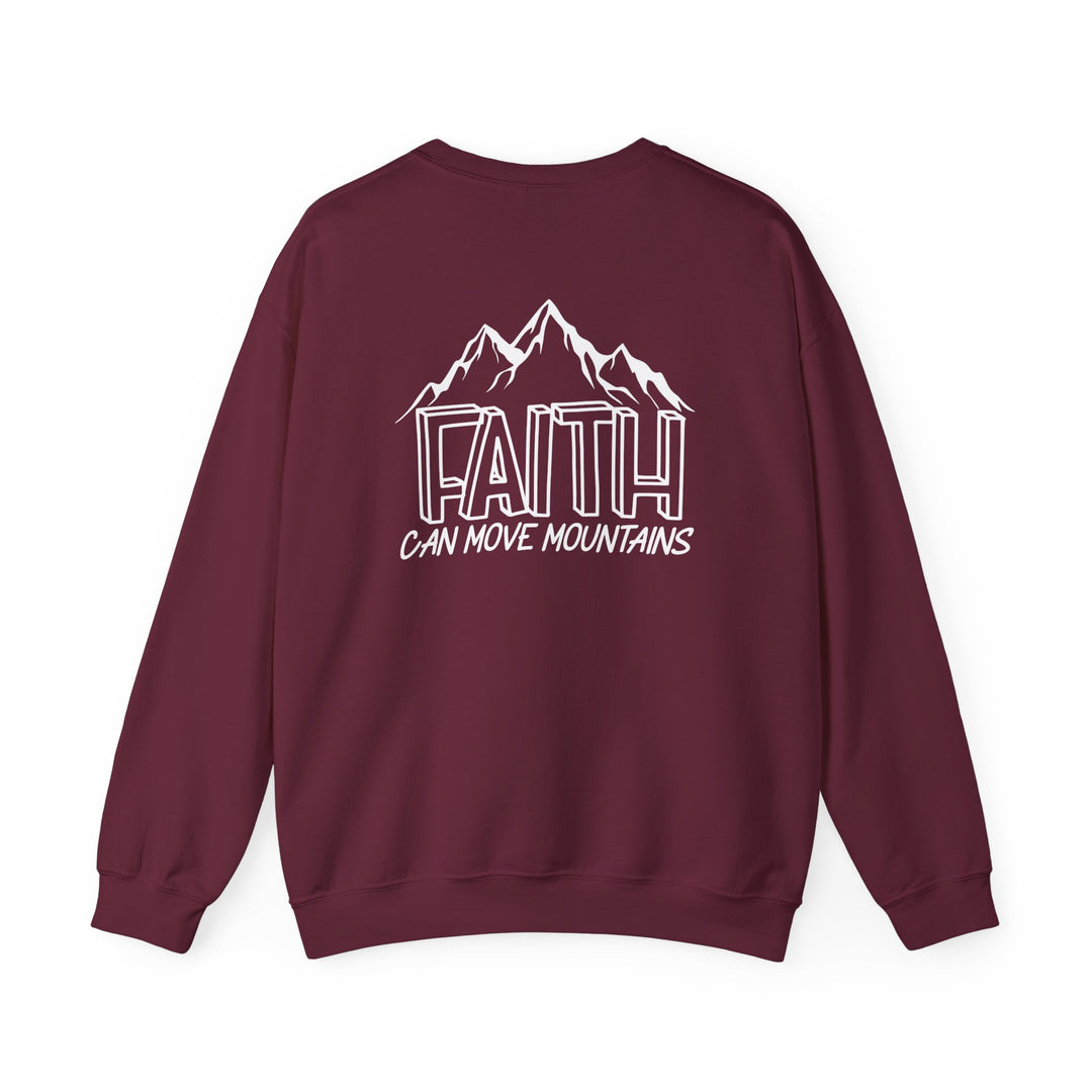 A maroon crewneck sweatshirt with white text, featuring a logo with mountains. Made from a cozy 50% cotton, 50% polyester blend for comfort and durability. Ideal for colder months.