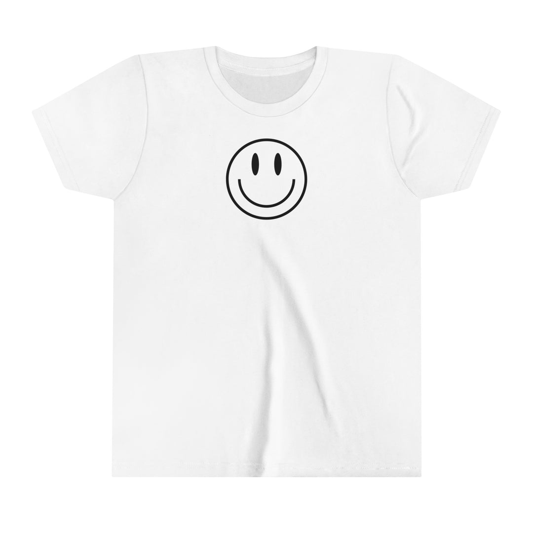 Youth short sleeve tee with a smiley face design. Lightweight and comfortable, made of 100% Airlume combed cotton. Ideal for custom artwork display. Sizes: S, M, L, XL. Retail fit with tear away label.