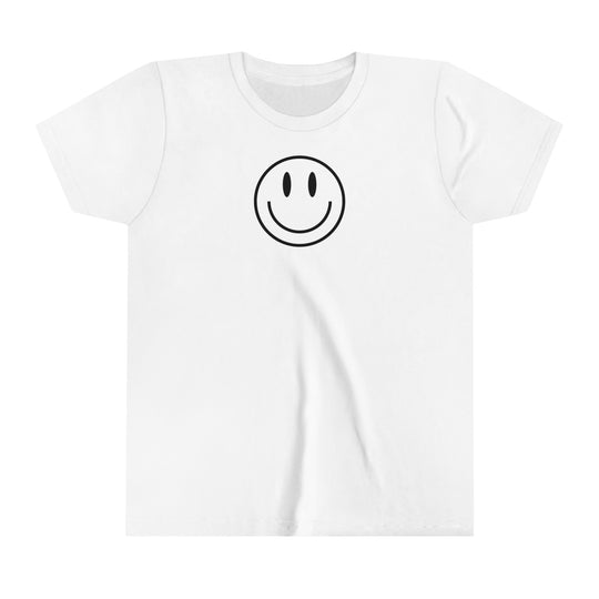 Youth short sleeve tee with a smiley face design. Lightweight and comfortable, made of 100% Airlume combed cotton. Ideal for custom artwork display. Sizes: S, M, L, XL. Retail fit with tear away label.