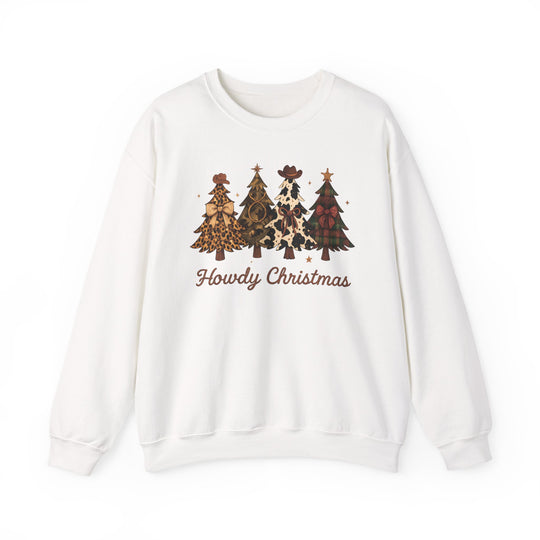 White crewneck sweatshirt with Howdy Christmas graphic, featuring four Western-themed Christmas trees with unique patterns and rustic script text beneath.