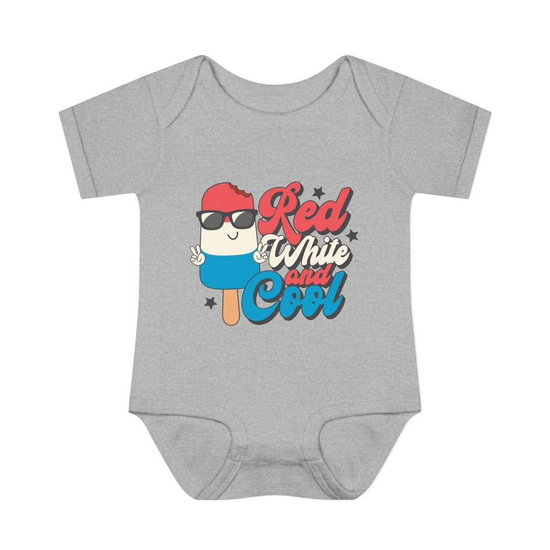 Infant unisex Red White and Cool onesie, showcasing lap shoulders, made of soft, ring-spun cotton, designed for comfort and easy dressing.