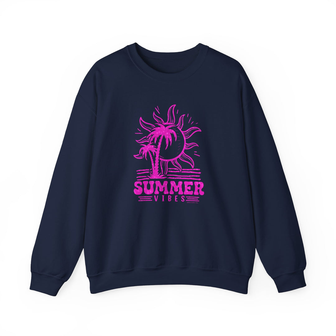 Unisex Summer Vibes Crew sweatshirt, featuring a pink sun and palm tree graphic on blue fabric. Comfortable blend of polyester and cotton, ribbed knit collar, and no itchy side seams. Ideal for all occasions.