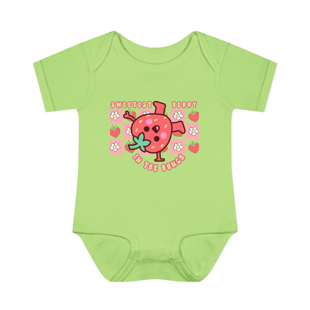 Sweetest Berry in the Bunch Onesie: Infant unisex bodysuit with lap shoulders, crafted from soft ring-spun cotton, ensuring comfort and easy adjustments for young wearers.