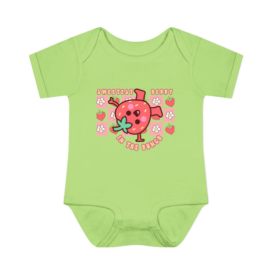 Sweetest Berry in the Bunch Onesie: Infant unisex bodysuit with lap shoulders, crafted from soft ring-spun cotton, ensuring comfort and easy adjustments for young wearers.