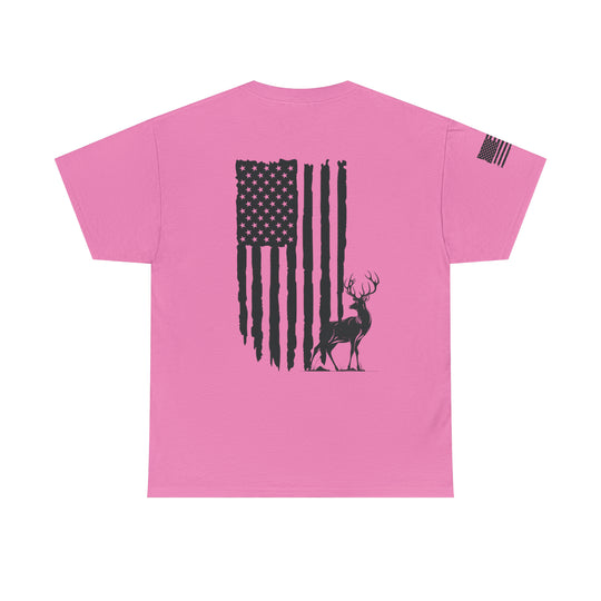 American Hunter Tee: A pink shirt featuring a flag and deer silhouette. Premium fitted men’s short sleeve, 100% combed cotton, light fabric, and roomy fit. Ideal for workouts or daily wear.