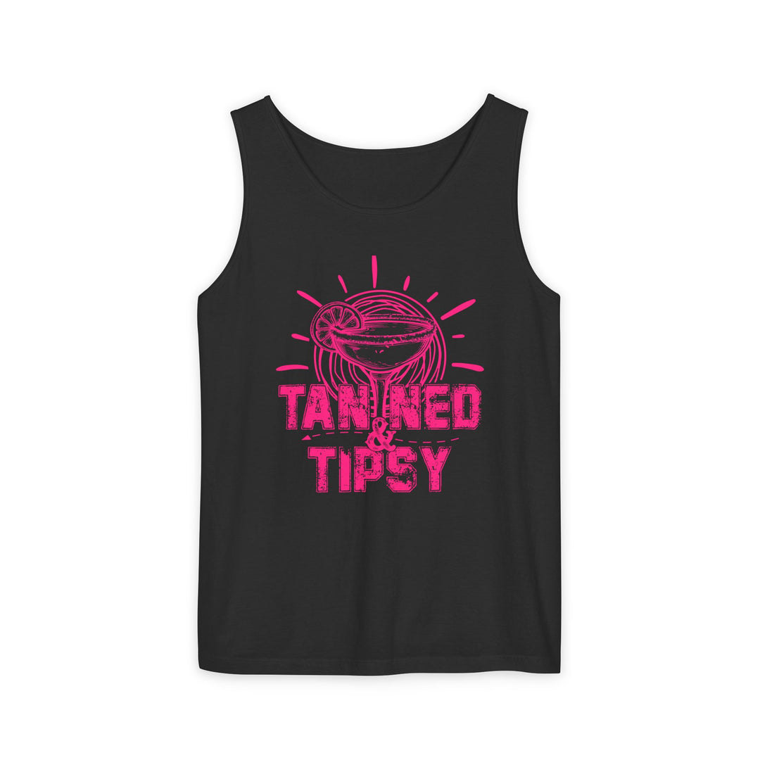 Tanned and Tipsy Tank Top: A unisex, relaxed-fit, garment-dyed tank crafted from 100% ring-spun US cotton, embodying comfort, style, and sustainability.
