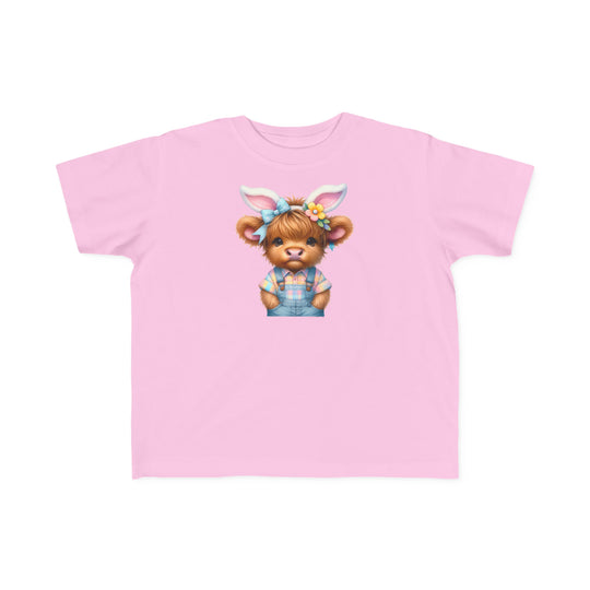 Easter Cow Toddler Tee featuring a pink shirt with a cartoon cow and bear, perfect for sensitive skin. Made of 100% combed ringspun cotton, light fabric, classic fit, tear-away label, true to size.