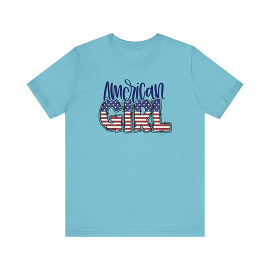 A unisex American Girl Tee in blue, featuring quality cotton, ribbed knit collar, and taping for durability. Retail fit with tear away label, available in various sizes. Ideal for a loved favorite.