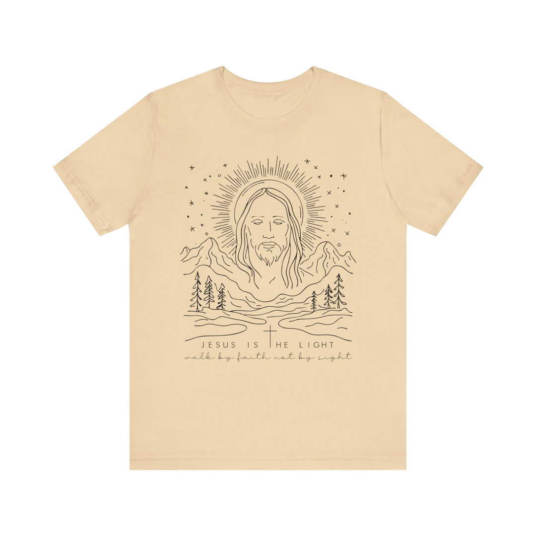 Jesus is the Light Tee, a soft cotton unisex jersey shirt with ribbed knit collars and tapered shoulders, perfect for casual or semi-formal wear.