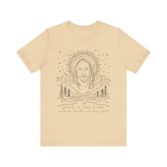 Jesus is the Light Tee, a soft cotton unisex jersey shirt with ribbed knit collars and tapered shoulders, perfect for casual or semi-formal wear.