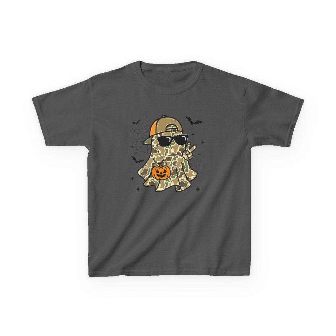 Candy Ghost Kids Tee featuring a cartoon ghost in camouflage with a baseball cap, sunglasses, peace sign, jack-o’-lantern bucket, bats, spiderwebs, and sparkles.