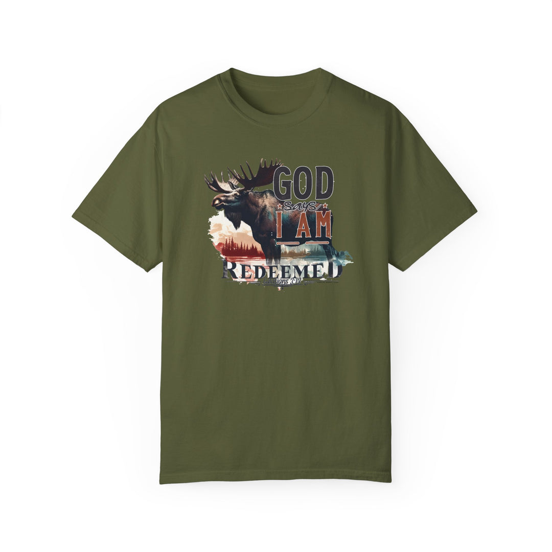 Redeemed Tee: Green shirt with moose design, 100% ring-spun cotton. Soft-washed, garment-dyed fabric for coziness. Relaxed fit, double-needle stitching, no side-seams for durability and shape retention. Worlds Worst Tees.