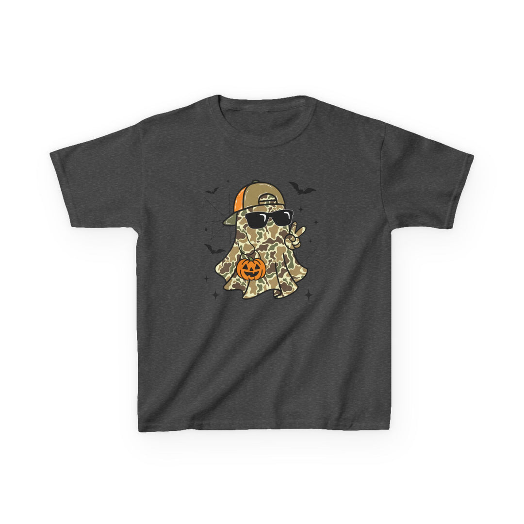 Candy Ghost Kids Tee features a playful ghost in camo with sunglasses, a cap, and a jack-o’-lantern, embodying a fun Halloween theme.