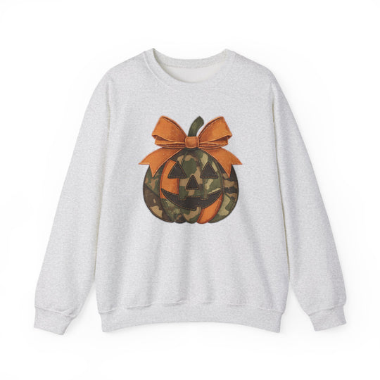 Light-gray Jackie O Crew sweatshirt with jack-o-lantern graphic; orange, camouflage panels, stitched detailing, topped with orange bow; relaxed fit with ribbed cuffs and hem.