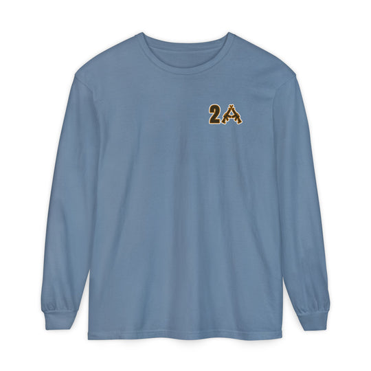 Light-blue 2A Long Sleeve Tee with crewneck and a small logo featuring crossed rifles on the chest, crafted from 100% ring-spun cotton for a relaxed fit.