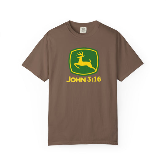 Brown short-sleeve John 3:16 Tee features a parody John Deere logo with green-and-yellow deer graphic, offering a relaxed fit and durable construction.