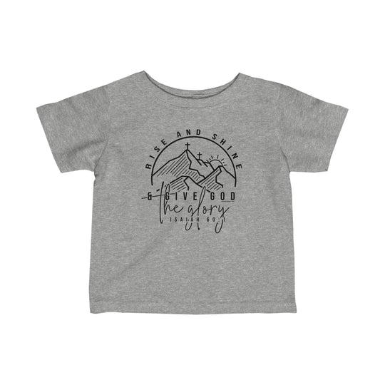 Rise and Shine Infant Tee: Grey t-shirt with a graphic cross and mountain design. Infant fine jersey tee with side seams, ribbed knitting, and taped shoulders for durability and comfort.
