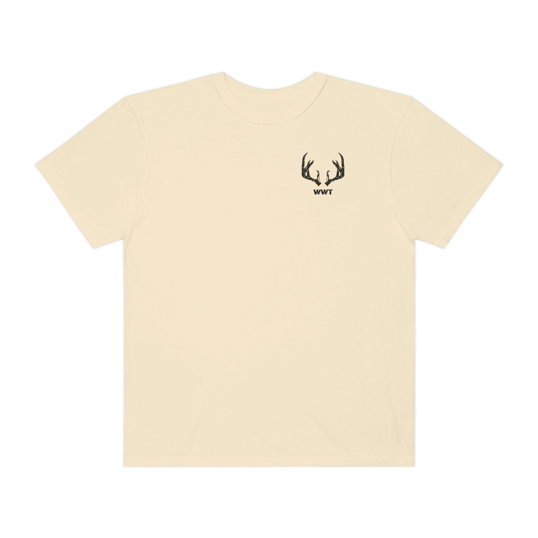 A white Antler Tee in ring-spun cotton, featuring black antlers on a relaxed fit shirt. Garment-dyed for coziness, with double-needle stitching for durability. From Worlds Worst Tees.