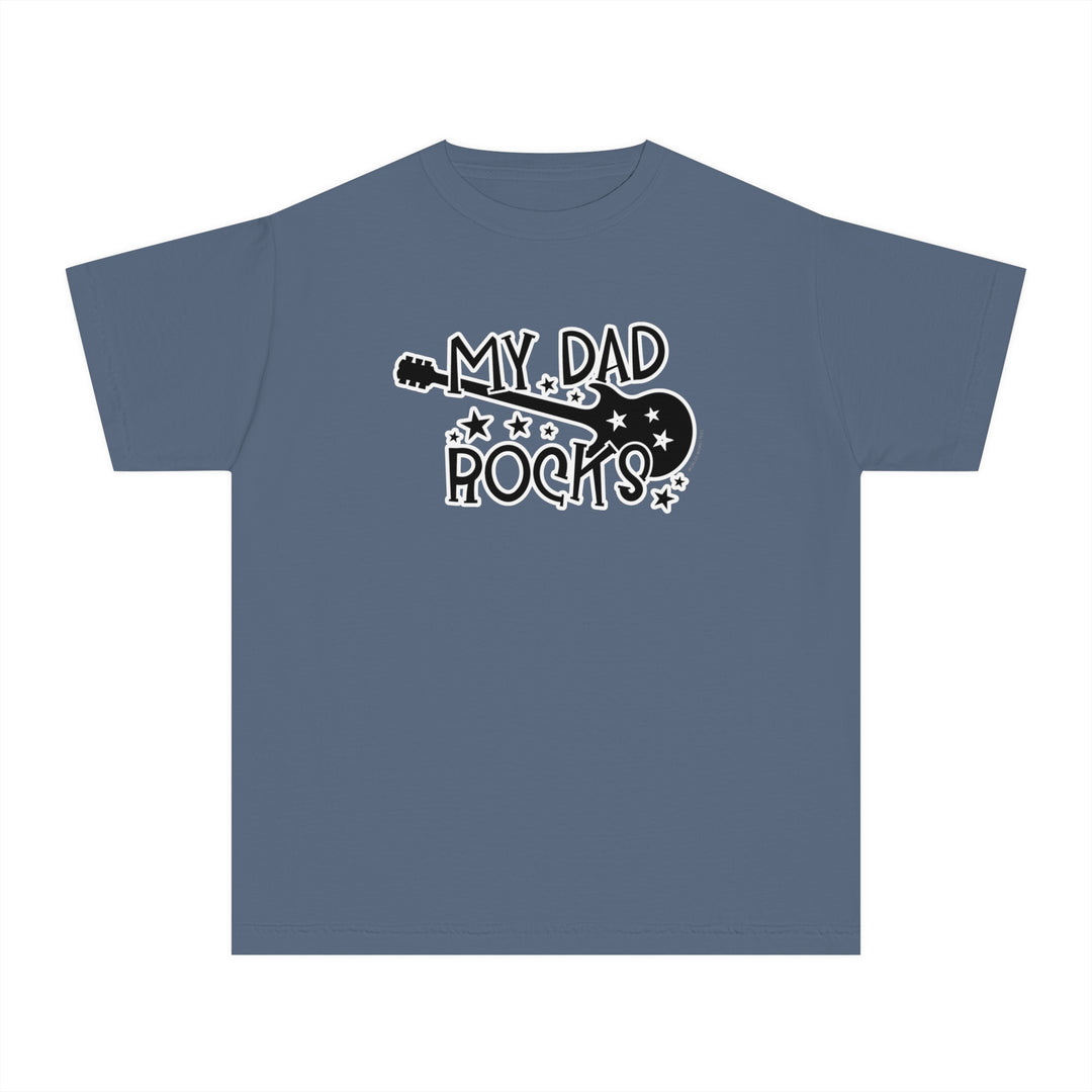 Kid's tee featuring a blue guitar and text design, perfect for active days. Made of 100% combed ringspun cotton, soft-washed, and garment-dyed for comfort. Classic fit for all-day wear.
