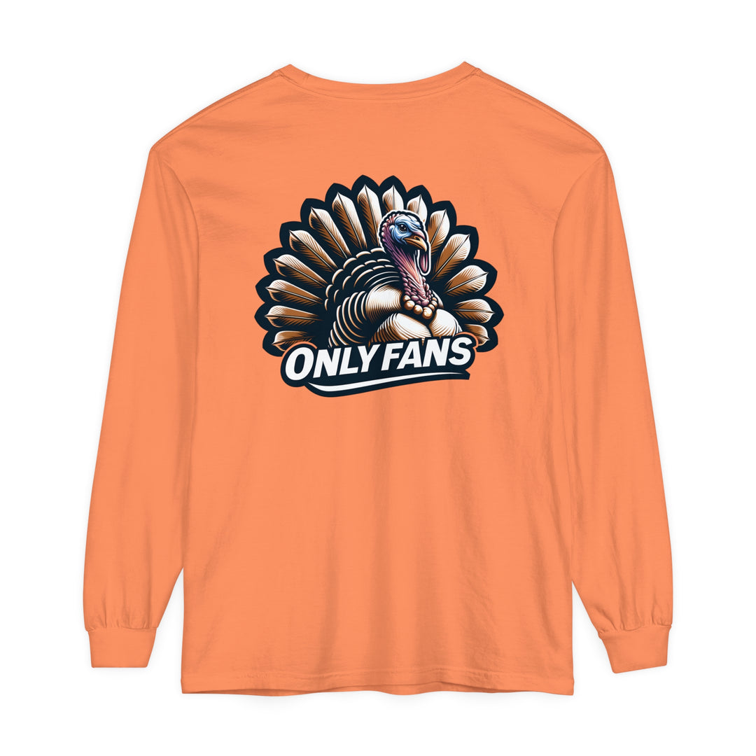A long-sleeve orange shirt featuring a turkey design, perfect for casual comfort. Made of 100% ring-spun cotton with garment-dyed fabric and a relaxed fit. Product title: Only Fans Hunting Long Sleeve T-Shirt.