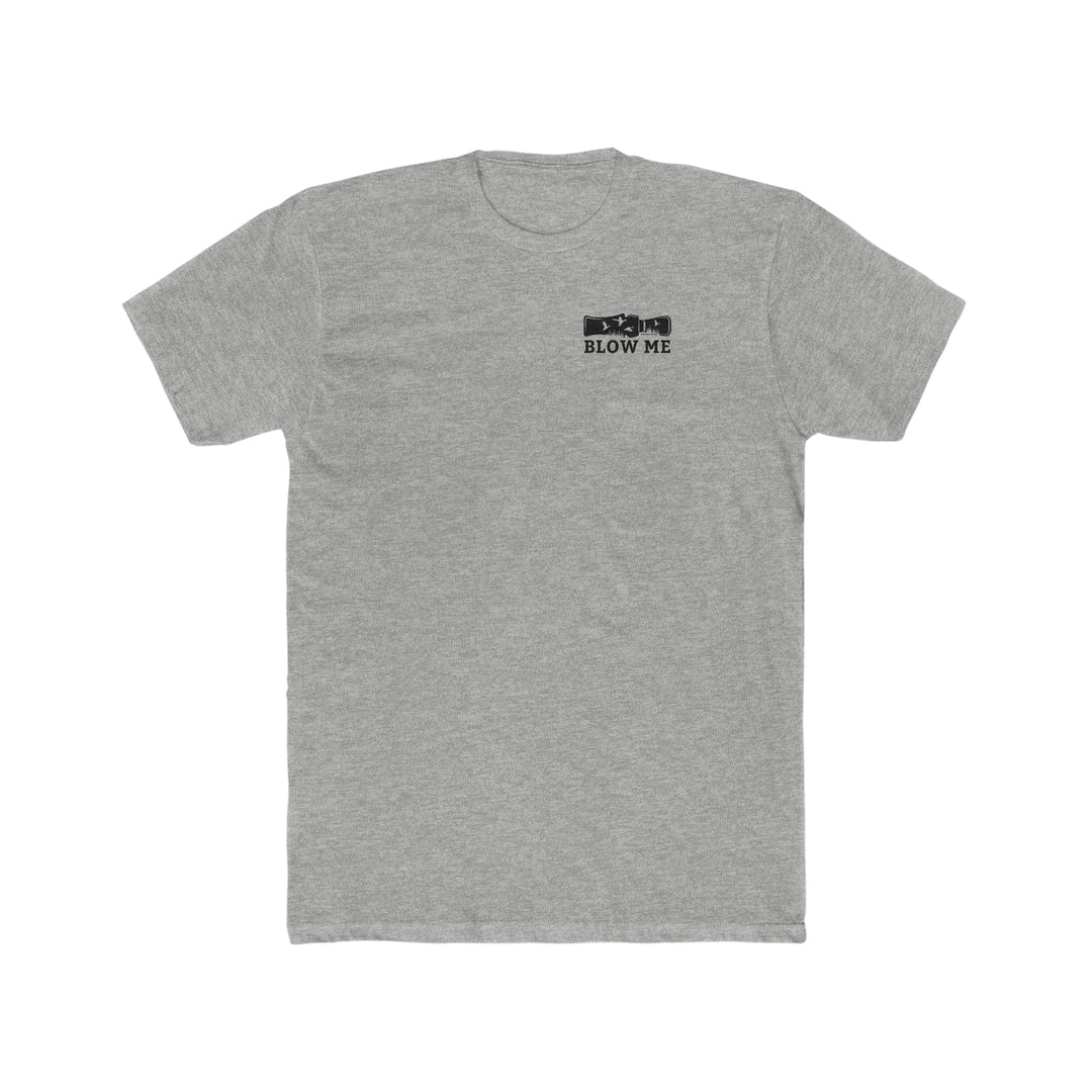 Blow Me Tee: A grey t-shirt with a logo of birds in a hand shape. Premium fitted men’s shirt, ribbed knit collar, 100% combed cotton, light fabric, roomy fit. Ideal for workouts or daily wear.