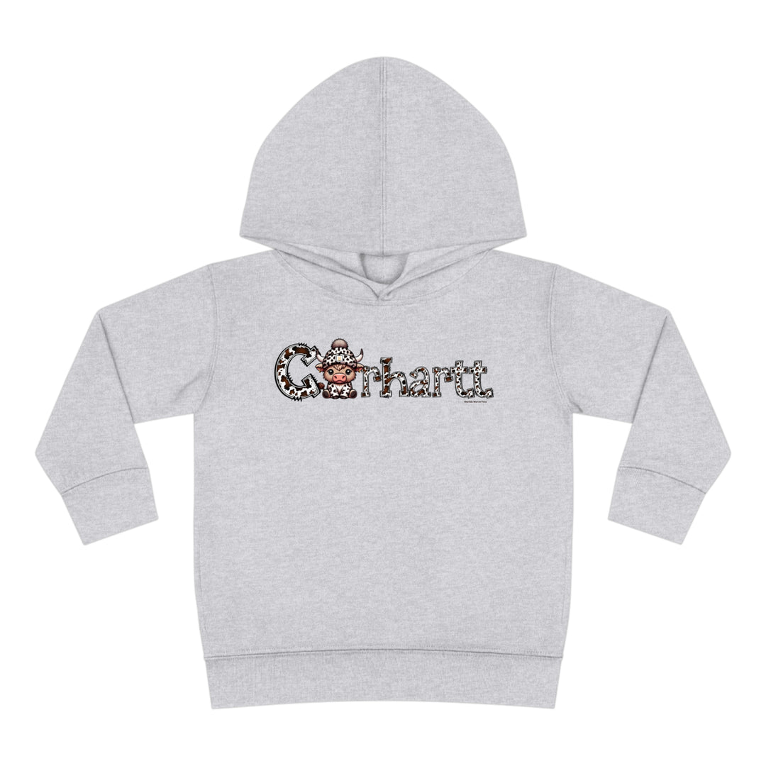 Toddler hoodie featuring a cow logo, jersey-lined hood, cover-stitched details, and side seam pockets. 60% cotton, 40% polyester blend for cozy durability. Sizes 2T, 4T, 5-6T.