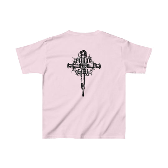 Child of God Kids Tee, black and white logo on back, pink shirt with cross and thorns, perfect for everyday wear, 100% cotton, light fabric, classic fit, durable twill tape shoulders, curl-resistant collar, seamless sides.