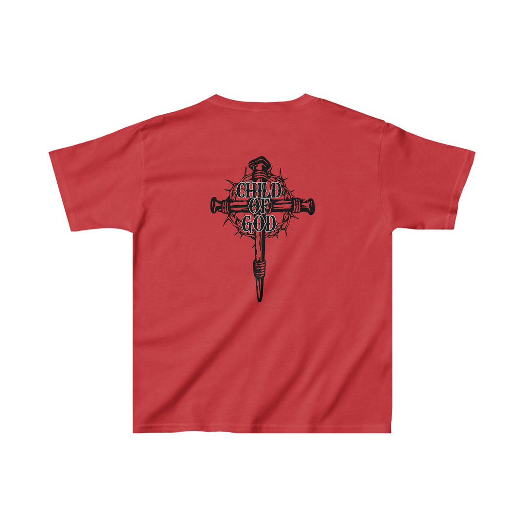 Child of God Kids Tee, red shirt with cross and crown of thorns. 100% cotton, light fabric, classic fit, durable twill tape shoulders, curl-resistant collar, seamless sides. Sizes XS to XL.