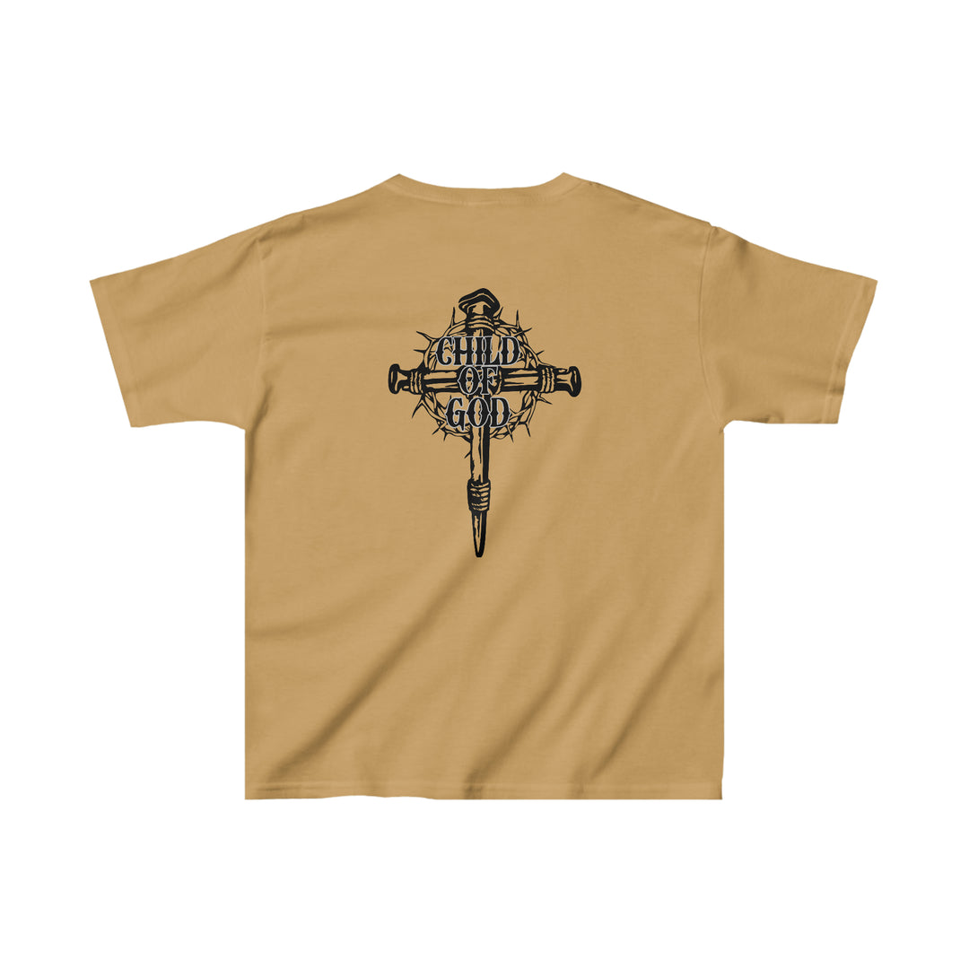 Child of God Kids Tee: Black and white logo with a cross and thorns on the back of a t-shirt. 100% cotton, light fabric, classic fit, durable twill tape shoulders, and seamless sides. Sizes XS to XL.