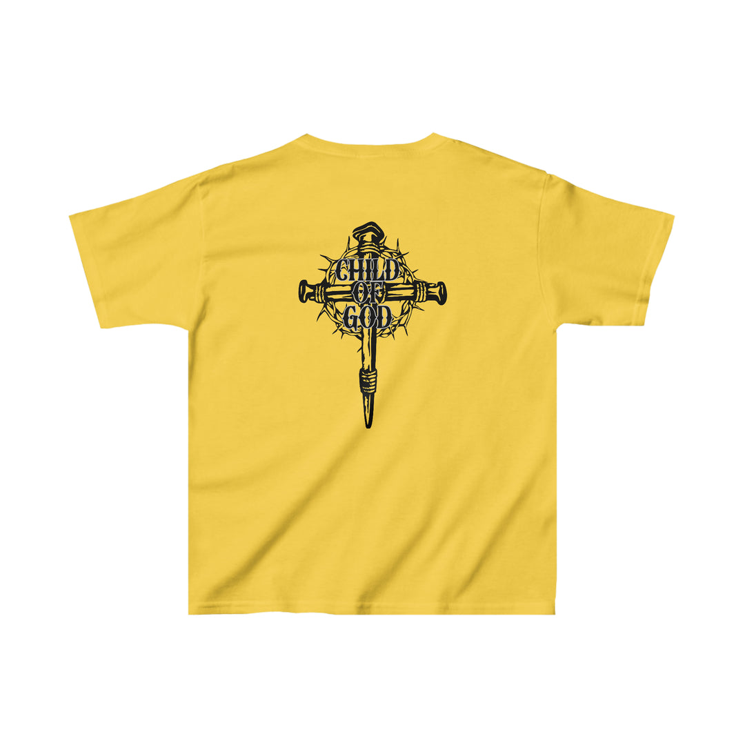 Child of God Kids Tee: Yellow shirt with black and blue cross design. 100% cotton, 5.3 oz/yd², classic fit, durable twill tape shoulders, seamless sides. Sizes: XS to XL.