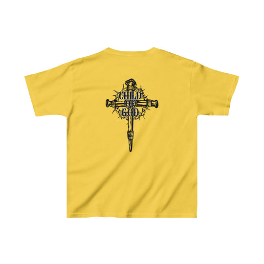 Child of God Kids Tee: Yellow shirt with black and blue cross design. 100% cotton, 5.3 oz/yd², classic fit, durable twill tape shoulders, seamless sides. Sizes: XS to XL.