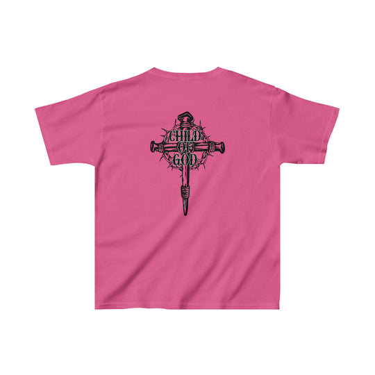 Child of God Kids Tee: Pink shirt with a cross and thorns. 100% cotton, light fabric, classic fit. Durable twill tape shoulders, curl-resistant ribbed collar. No side seams. Sizes: XS to XL.
