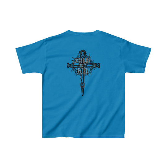 Child of God Kids Tee featuring a blue shirt with a cross and crown of thorns. 100% cotton, light fabric, classic fit, durable twill tape shoulders, and seamless sides. Ideal for everyday wear.