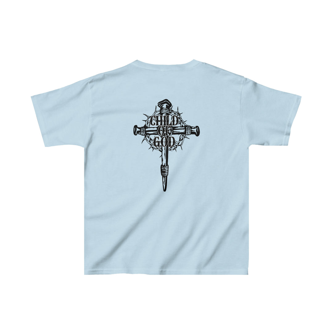 Child of God Kids Tee featuring a cross and crown of thorns on the back. 100% cotton, light fabric, classic fit, durable twill tape shoulders, and curl-resistant collar. Ideal for everyday wear.
