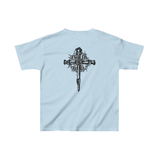 Child of God Kids Tee featuring a cross and crown of thorns on the back. 100% cotton, light fabric, classic fit, durable twill tape shoulders, and curl-resistant collar. Ideal for everyday wear.