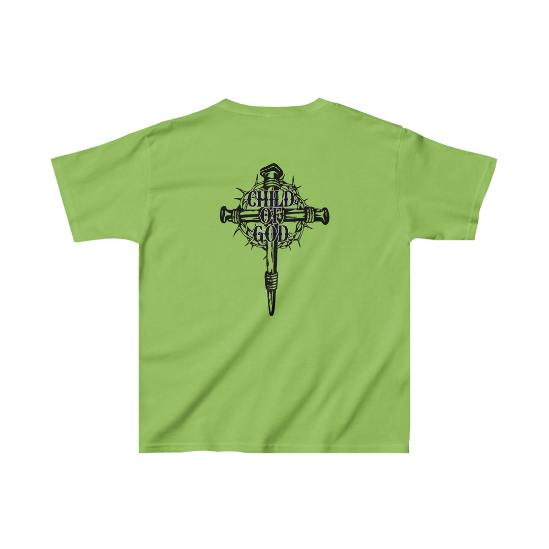 Child of God Kids Tee: Green shirt with cross and crown of thorns design. 100% cotton, light fabric, classic fit, durable twill tape shoulders, ribbed collar. Ideal for everyday wear.