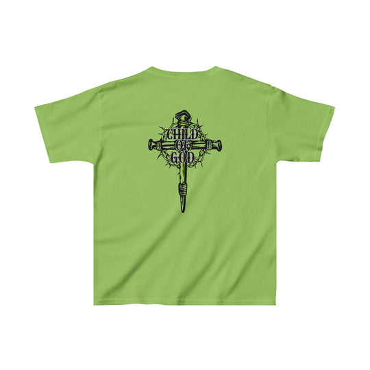 Child of God Kids Tee: Green shirt with cross and crown of thorns design. 100% cotton, light fabric, classic fit, durable twill tape shoulders, ribbed collar. Ideal for everyday wear.