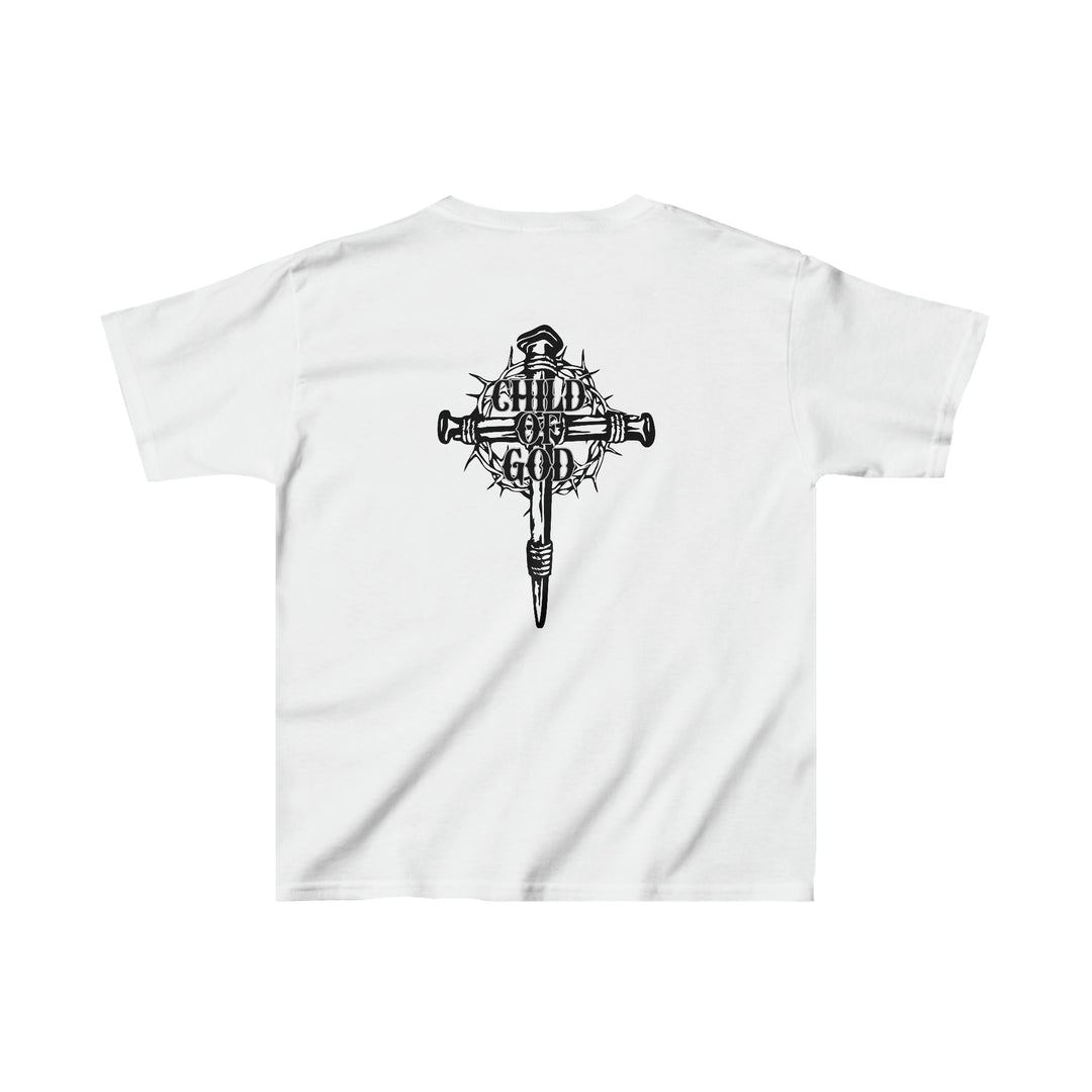 Child of God Kids Tee featuring a black cross design on a white shirt. 100% cotton, light fabric, classic fit, with twill tape shoulders for durability and ribbed collar. Ideal for everyday wear.