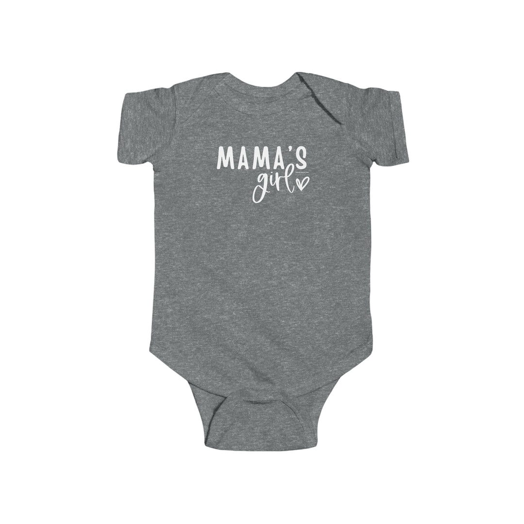 A grey baby bodysuit with white text, featuring the title Mama's Girl Onesie. Made of 100% cotton, light fabric, with ribbed knit bindings and plastic snaps for easy changing. From Worlds Worst Tees.