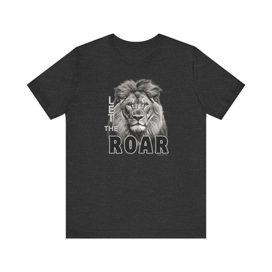 Unisex black tee featuring a lion design. Soft cotton, ribbed knit collar, and taping on shoulders for lasting fit. 100% Airlume combed cotton, retail fit, tear away label. Let the Lion Roar Tee.