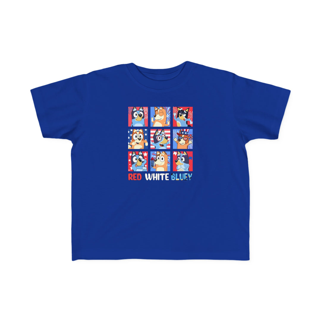 Red White and Bluey Toddler Tee featuring cartoon animals, perfect for sensitive skin. 100% combed ringspun cotton, light fabric, tear-away label, classic fit. Ideal for first ventures. From Worlds Worst Tees.