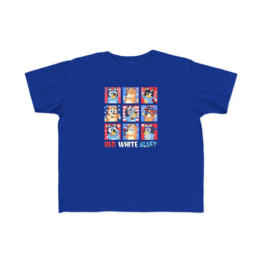 Red White and Bluey Toddler Tee featuring cartoon animals, perfect for sensitive skin. 100% combed ringspun cotton, light fabric, tear-away label, classic fit. Ideal for first ventures. From Worlds Worst Tees.