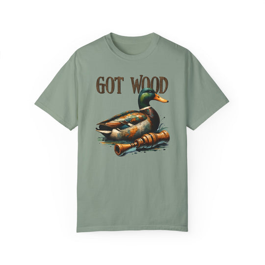 A ring-spun cotton t-shirt featuring a duck design, known as the Got Wood Tee from Worlds Worst Tees. Garment-dyed for extra coziness, with a relaxed fit and durable double-needle stitching.
