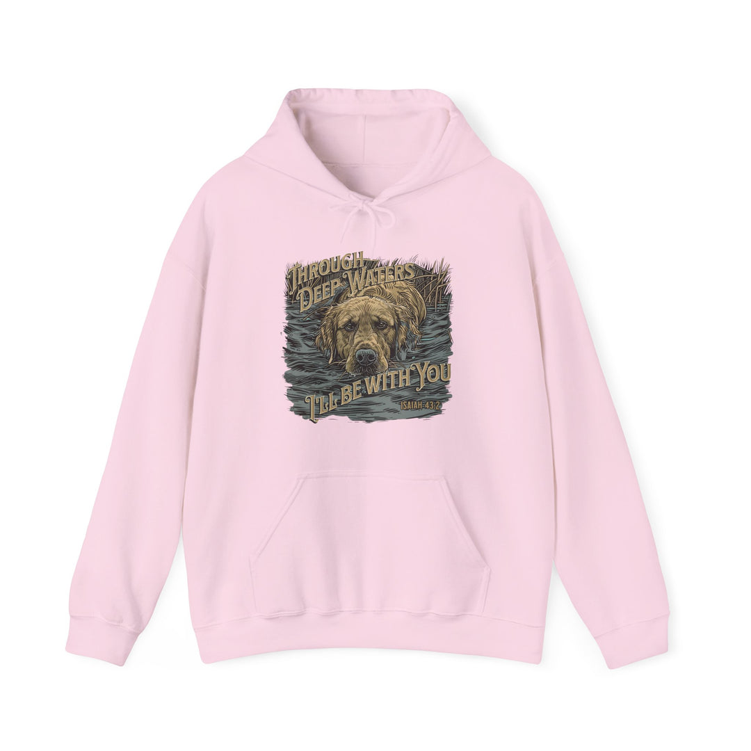 Unisex heavy blend hooded sweatshirt titled Through Deep Waters Hunting Hoodie by Worlds Worst Tees. Features a dog design on pink fabric, kangaroo pocket, and cotton-polyester blend for warmth and comfort.