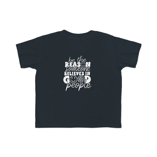 Toddler tee with black shirt and white text, featuring a durable, high-quality print. Made of 100% combed ringspun cotton for sensitive skin. Perfect for first ventures. Sizes: 2T, 3T, 4T, 5-6T.