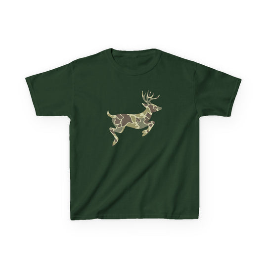 Dark-green kids' tee featuring a woodland camo deer silhouette on the chest, designed for everyday wear with durable, soft 100% cotton fabric.
