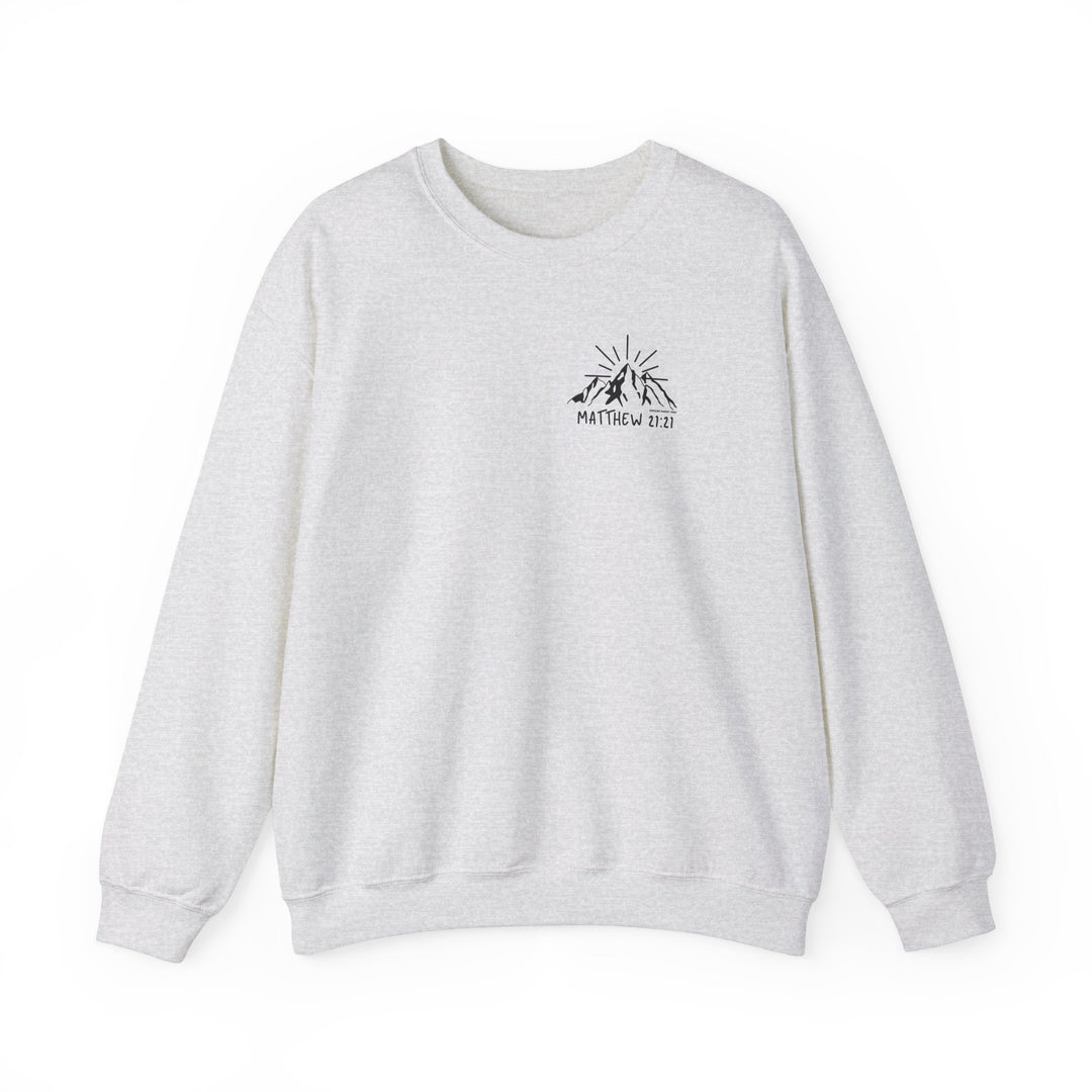 Unisex heavy blend crewneck sweatshirt featuring Faith Can Move Mountains Crew logo. Made from 50% cotton, 50% polyester for comfort and durability. Classic fit with ribbed knit collar and double-needle stitching.