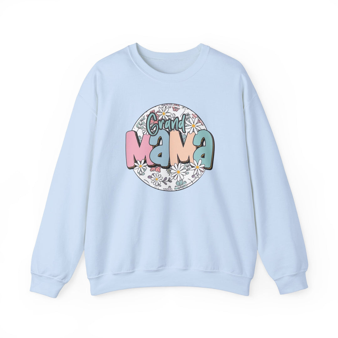 A blue sweatshirt featuring a graphic design of flowers and a cartoon letter. Unisex heavy blend crewneck sweatshirt for pure comfort, made of 50% cotton and 50% polyester. Ribbed knit collar, no itchy side seams, loose fit.
