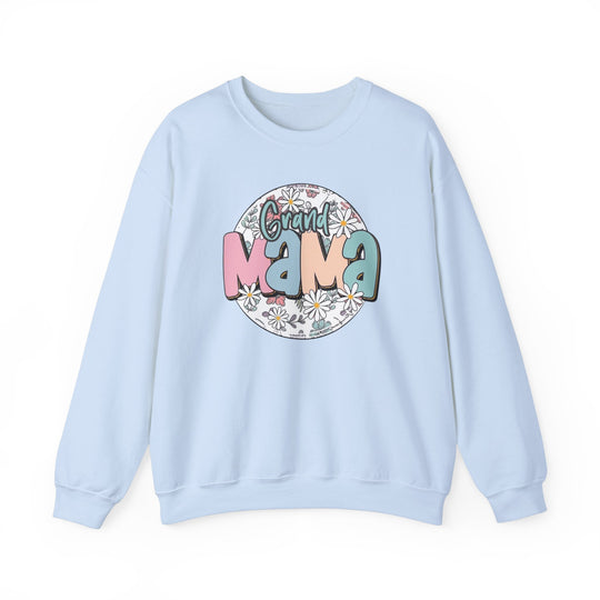 A blue sweatshirt featuring a graphic design of flowers and a cartoon letter. Unisex heavy blend crewneck sweatshirt for pure comfort, made of 50% cotton and 50% polyester. Ribbed knit collar, no itchy side seams, loose fit.