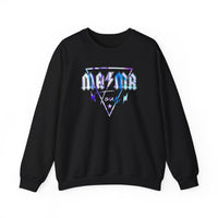 A black Ma/Ma Band Crew sweatshirt with a logo, featuring a ribbed knit collar, 50% cotton, 50% polyester blend, and a loose fit. Ideal for comfort in a medium-heavy fabric.